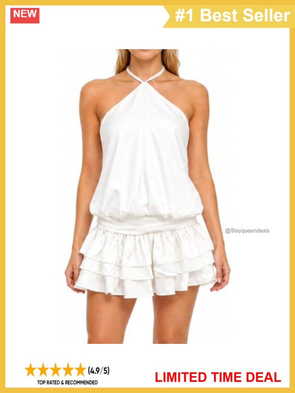 Womens Halter Neck Backless Ruffle Flowy Mini Dress Sleeveless Tie Back